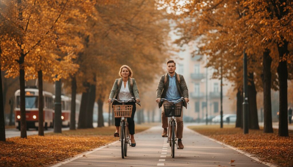 Dwoje rowerzystów jedzie jesienią drogą rowerową do pracy w polskim mieście