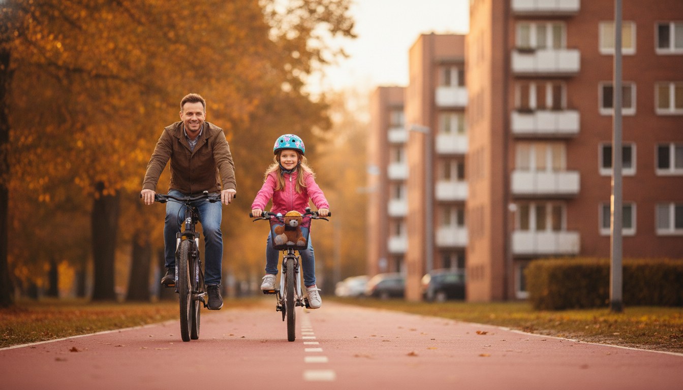 Tata z córką w kasku jadą rowerami po czerwonej drodze dla rowerów jesienią na osiedlu
