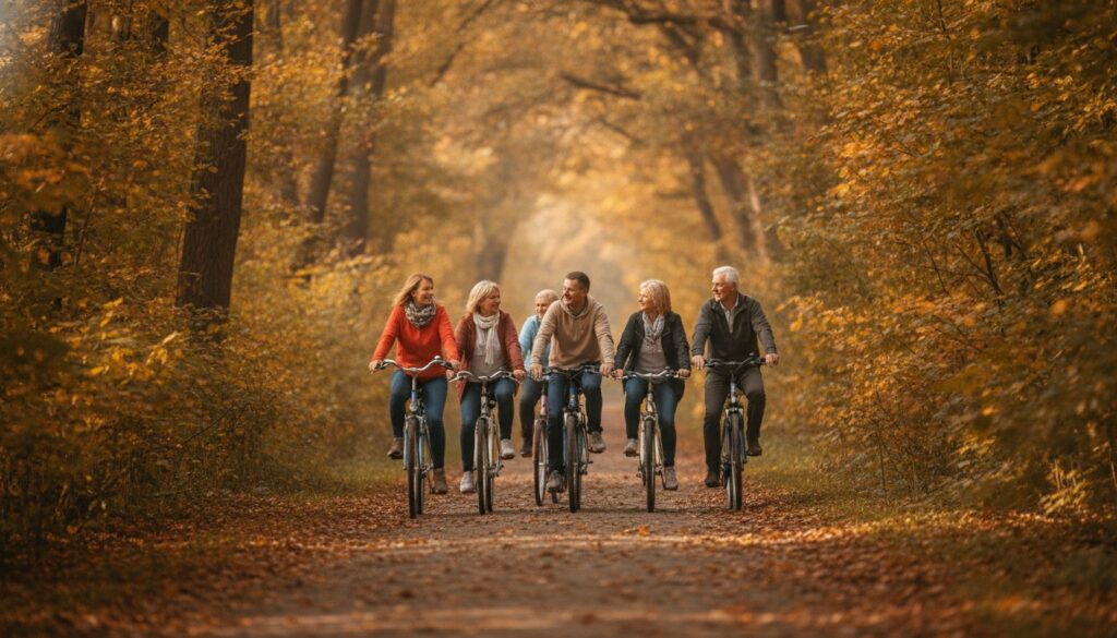 Grupa rowerzystów jedzie leśną drogą jesienią w słoneczny dzień
