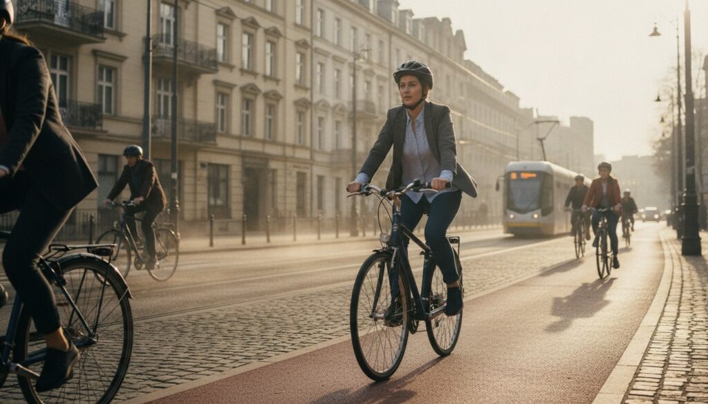 Rowerzystka jedzie drogą rowerową do pracy rano w polskim mieście