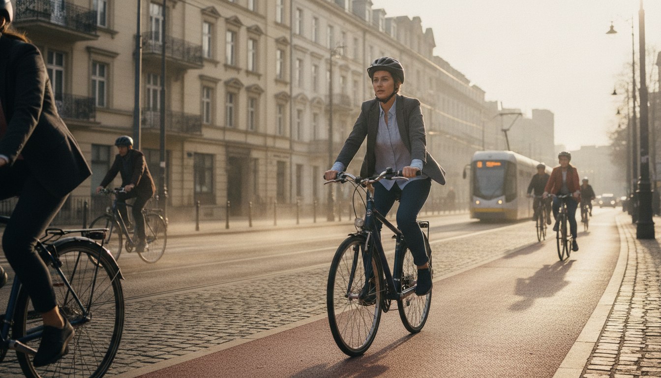 Rowerzystka jedzie drogą rowerową do pracy rano w polskim mieście