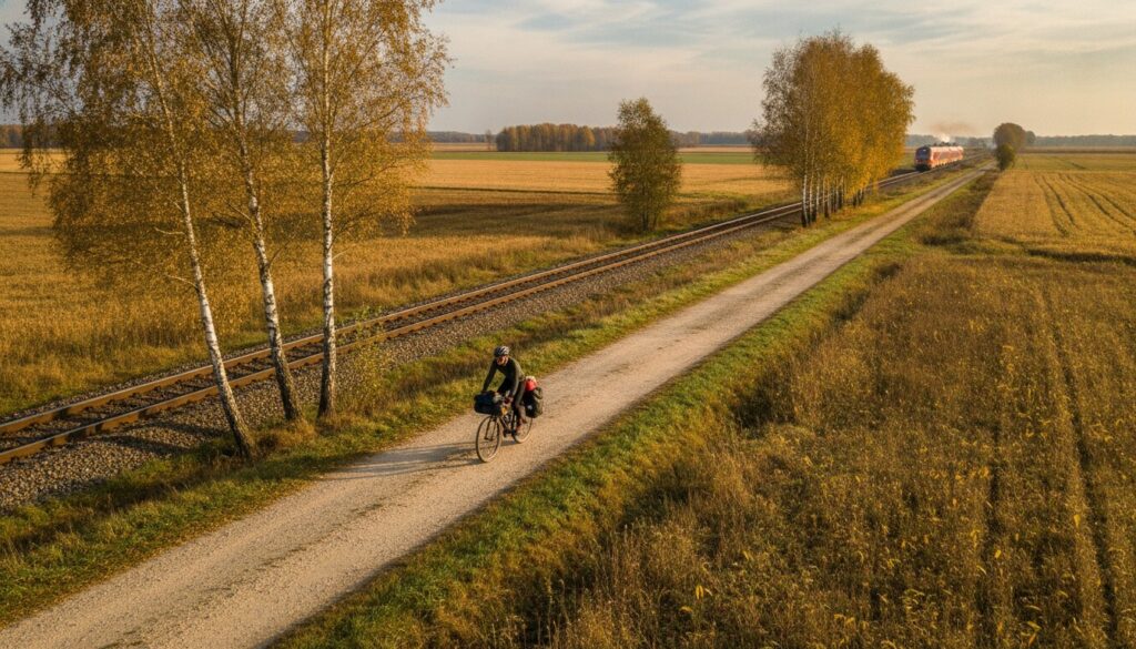Rowerzysta z sakwami na szutrowej drodze rowerowej wzdłuż torów kolejowych, jesienne pola w centralnej Polsce