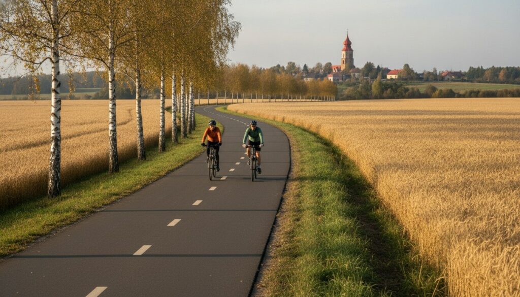 Nowa asfaltowa droga rowerowa biegnąca przez pola między wsiami, jesień w Polsce